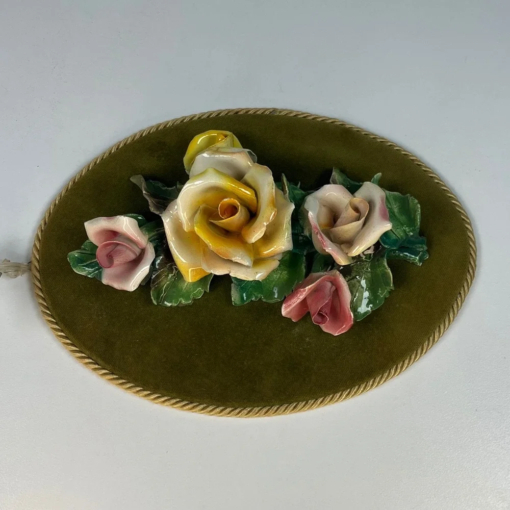 Heygill Wall Plaque Lime Green Porcelain Rose Velvet Italy Vintage 8 in x 6 in